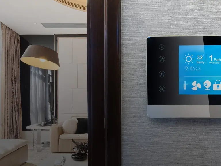 Smart home control panel, living room in the background